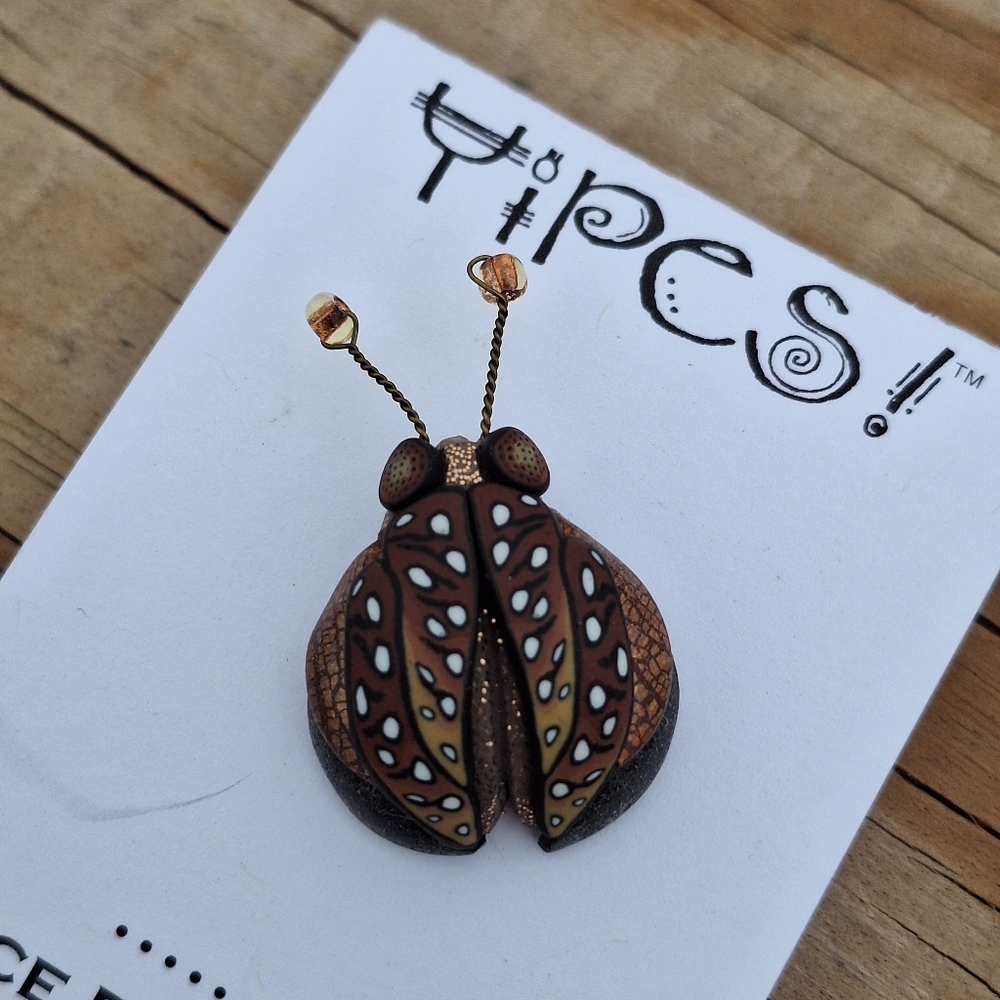 Joyce Fritz Studio Polymer Clay Lady Bug Brooch Insect Glass Bead Yipes Nature